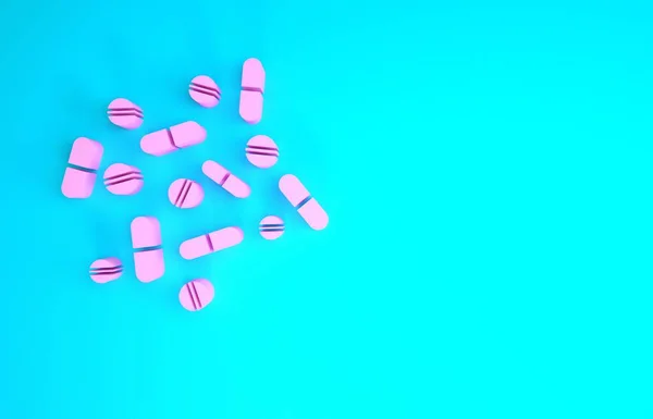 Pastilla de medicina rosa o icono de la tableta aislado sobre fondo azul. Cápsula de píldora y signo de drogas. Diseño de farmacia. Concepto minimalista. 3D ilustración 3D render —  Fotos de Stock