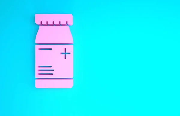 Rosa medicin flaska och piller ikon isolerad på blå bakgrund. Pillertecken på flaska. Farmaceutisk design. Minimalistiskt koncept. 3D-återgivning för 3D — Stockfoto