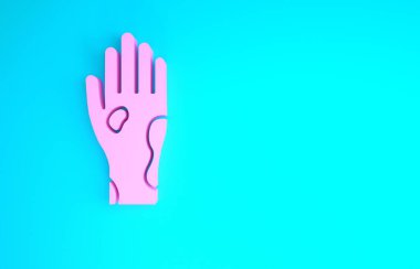 Mavi arka planda sedef ya da egzama ikonu olan Pembe El. Alerjene veya kronik vücut sorununa karşı insan derisi tepkisi kavramı. Minimalizm kavramı. 3d illüstrasyon 3B canlandırma