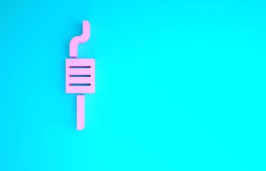 Mavi arkaplanda pembe araba egzozu simgesi var. Egzoz borusu. Minimalizm kavramı. 3d illüstrasyon 3B canlandırma