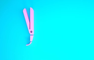 Mavi arka planda izole edilmiş saç ikonu için pembe saç maşası. Saç düzleştirici ikonu. Minimalizm kavramı. 3d illüstrasyon 3B canlandırma