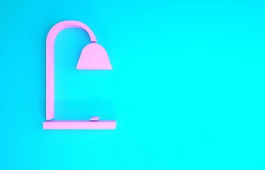 Mavi arkaplanda pembe masa lambası simgesi izole edildi. Minimalizm kavramı. 3d illüstrasyon 3B canlandırma