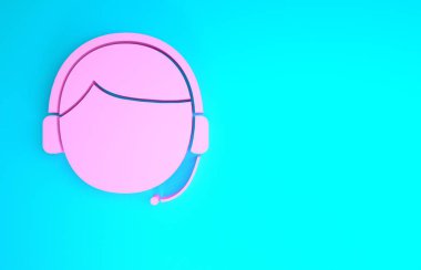 Mavi arka planda izole edilmiş kulaklık simgesine sahip Pembe Adam. Destek operatörü hatta. Çağrı merkezi konsepti, müşteri destek servisi. Minimalizm kavramı. 3d illüstrasyon 3d canlandırma