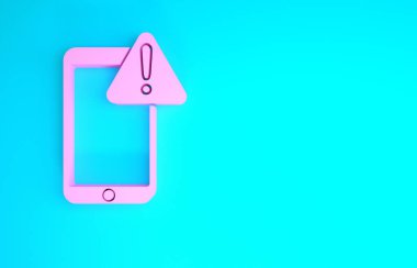 Mavi arkaplanda ünlem işareti simgesi olan pembe cep telefonu. Uyarı mesajı akıllı telefon uyarısı. Minimalizm kavramı. 3d illüstrasyon 3B canlandırma