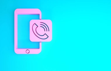 Pembe cep telefonu arama simgesi mavi arkaplanda izole edildi. Minimalizm kavramı. 3d illüstrasyon 3B canlandırma