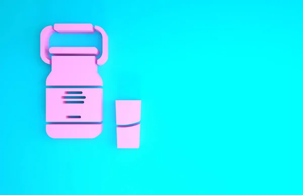 Pink Can контейнер для молока і скляної ікони ізольовані на синьому фоні. Концепція мінімалізму. 3D ілюстрація 3D рендеринга — стокове фото