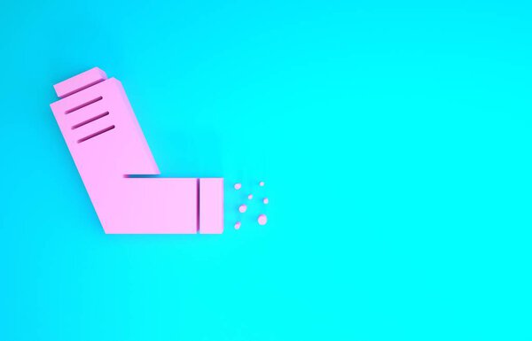 Иконка розового ингалятора выделена на синем фоне. Дыхание для облегчения кашля, вдыхание, аллергический пациент. Спрей для ингаляторов от астмы. Концепция минимализма. 3D-рендеринг
