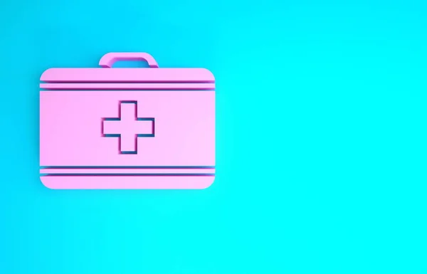 핑크 응급 키트 아이콘은 파란색 배경에 분리되어 있습니다. 십자가가 있는 의료 상자. 응급 의료 장비. 건강 관리 개념. 미니멀리즘의 개념입니다. 3d 삽화 3D 렌더링 — 스톡 사진