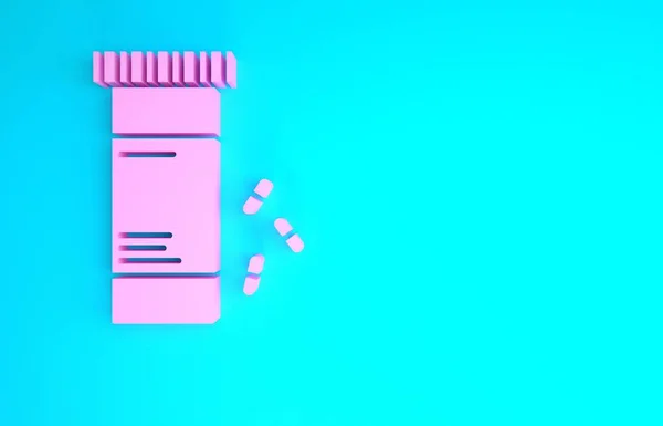 Różowa butelka i ikona pigułek odizolowana na niebieskim tle. Tabliczka z tabletkami. Projekt apteki. Koncepcja minimalizmu. Ilustracja 3D 3D renderowania — Zdjęcie stockowe
