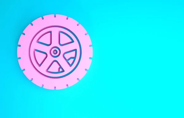Піктограма колеса рожевого автомобіля ізольована на синьому фоні. Концепція мінімалізму. 3D ілюстрація 3D рендеринга — стокове фото