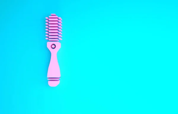 Mavi arkaplanda pembe saç kurutma ikonu var. Saç kurutma makinesi tabelası. Saç kurutma sembolü. Sıcak hava üflüyor. Minimalizm kavramı. 3d illüstrasyon 3B canlandırma — Stok fotoğraf