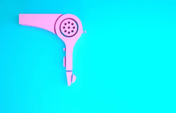 Pink Hair dryer icon isolated on blue background. Hairdryer sign. Hair drying symbol. Blowing hot air. Minimalism concept. 3d illustration 3D render