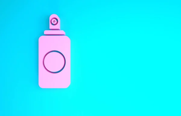 Pink Spray puede para ambientador, spray para el cabello, desodorante, icono antitranspirante aislado sobre fondo azul. Concepto minimalista. 3D ilustración 3D render —  Fotos de Stock