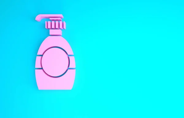 Różowa butelka płynnego mydła antybakteryjnego z ikoną dozownika wyizolowaną na niebieskim tle. Dezynfekcja, higiena, pielęgnacja skóry. Koncepcja minimalizmu. Ilustracja 3D 3D renderowania — Zdjęcie stockowe