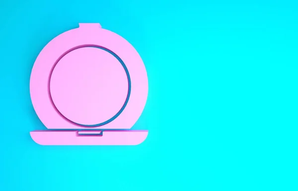 핑크 메이크업 파우더와 거울 아이콘 이 파란색 배경에 분리되어 있습니다. 미니멀리즘의 개념입니다. 3d 삽화 3D 렌더링 — 스톡 사진