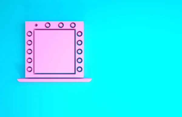 Espelho de maquiagem rosa com luzes ícone isolado no fundo azul. Conceito de minimalismo. 3D ilustração 3D render — Fotografia de Stock