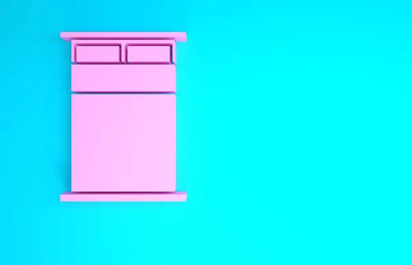 粉红色的大床，两个或一个人的图标隔离在蓝色的背景。最低纲领的概念。3D渲染3D插图 — 图库照片
