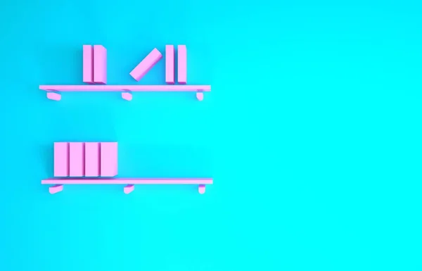 Rózsaszín polc könyvek ikon elszigetelt kék alapon. A polcok jelzik. Minimalizmus koncepció. 3d illusztráció 3D render — Stock Fotó