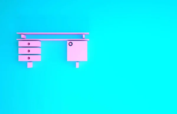 Różowy Office ikona biurko izolowane na niebieskim tle. Koncepcja minimalizmu. Ilustracja 3D 3D renderowania — Zdjęcie stockowe