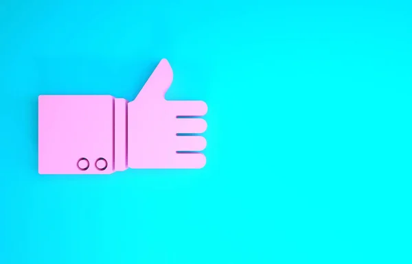 Rózsaszín kéz hüvelykujj fel ikon elszigetelt kék alapon. Minimalizmus koncepció. 3d illusztráció 3D render — Stock Fotó