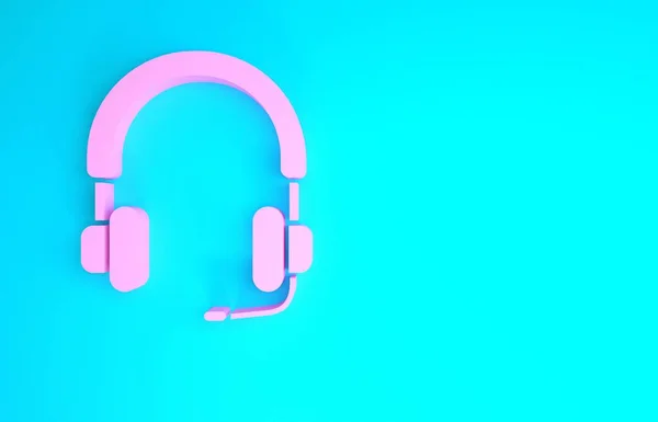 Icono de auriculares rosa aislado sobre fondo azul. Auriculares. Concepto para escuchar música, servicio, comunicación y operador. Concepto minimalista. 3D ilustración 3D render —  Fotos de Stock