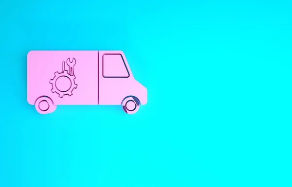 Розовый значок автосервиса на синем фоне. Ремонтный автомеханик. Знак обслуживания. Концепция минимализма. 3D-рендеринг — стоковое фото