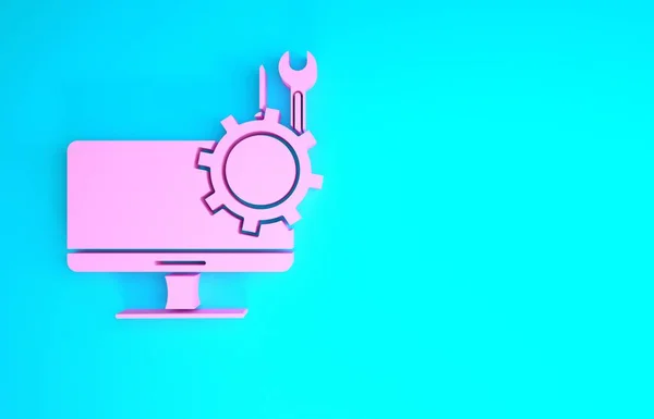 Pink Computer monitor met schroevendraaier en moersleutel pictogram geïsoleerd op blauwe achtergrond. Aanpassen, service, instelling, onderhoud, reparatie. Minimalisme concept. 3d illustratie 3D renderen — Stockfoto