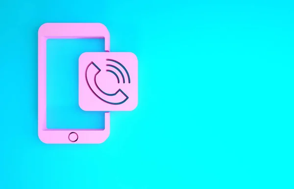 Icono de llamada telefónica móvil rosa aislado sobre fondo azul. Concepto minimalista. 3D ilustración 3D render — Foto de Stock