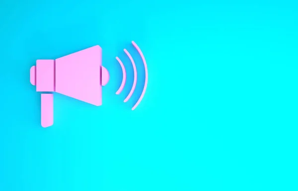 Ikon Megaphone merah muda terisolasi pada latar belakang biru. Konsep peringatan pidato yang keras. Bullhorn untuk promosi Mouthpiece. Konsep minimalisme. Tampilan 3D ilustrasi 3d — Stok Foto