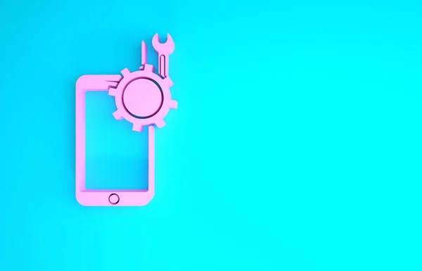 Telefone celular rosa com chave de fenda e ícone de chave de fenda isolado no fundo azul. Ajuste, serviço, configuração, manutenção, reparo. Conceito de minimalismo. 3D ilustração 3D render — Fotografia de Stock