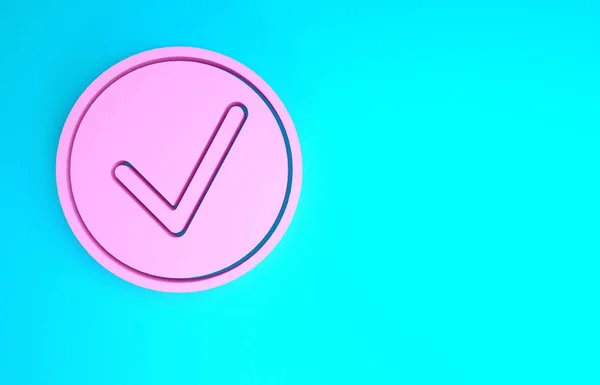 Pinkfarbenes Häkchen im Kreissymbol auf blauem Hintergrund. Auswahlknopfzeichen. Häkchensymbol. Minimalismus-Konzept. 3D Illustration 3D Renderer — Stockfoto