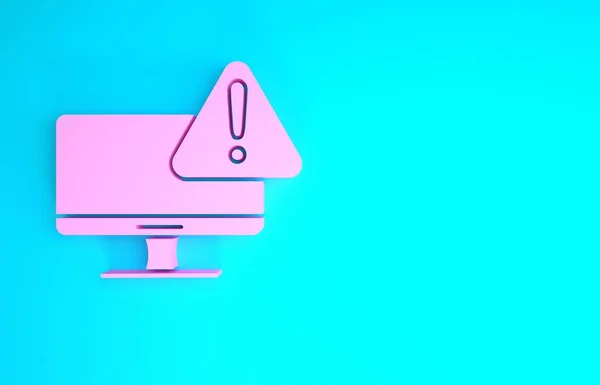 Monitor per computer rosa con icona del punto esclamativo isolato su sfondo blu. Messaggio di avviso notifica smartphone. Concetto minimalista. Illustrazione 3d rendering 3D — Foto Stock