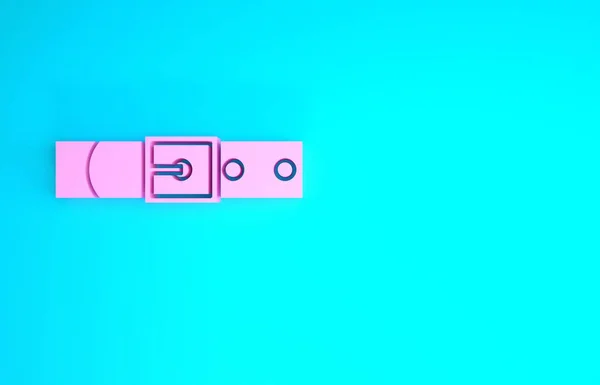 Růžový kožený opasek s ikonou zapnuté ocelové přezky izolované na modrém pozadí. Minimalismus. 3D ilustrace 3D vykreslení — Stock fotografie