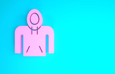 Mavi arka planda izole edilmiş pembe kapüşonlu simge. Kapüşonlu kazak. Minimalizm kavramı. 3d illüstrasyon 3B canlandırma