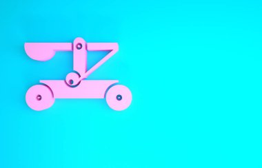 Pembe eski ortaçağ ahşap mancınık atış taşları ikonu mavi arka planda izole edilmiş. Minimalizm kavramı. 3d illüstrasyon 3B canlandırma