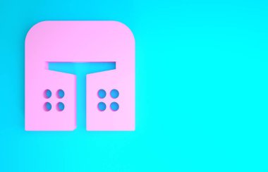 Mavi arka planda izole edilmiş baş koruma ikonu için pembe ortaçağ demir miğferi. Minimalizm kavramı. 3d illüstrasyon 3B canlandırma