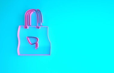 Mavi zemin üzerinde geri dönüşüm simgesi olan pembe kağıt alışveriş torbası. Geri dönüşüm sembollü çanta. Minimalizm kavramı. 3d illüstrasyon 3B canlandırma