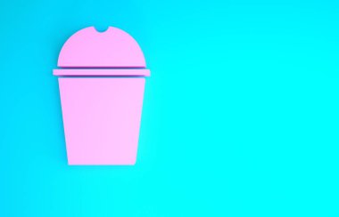 Pembe kağıt bardak ve su ikonu mavi arkaplanda izole edilmiş. Soda bardağı. Taze soğuk içecek sembolü. Minimalizm kavramı. 3d illüstrasyon 3B canlandırma