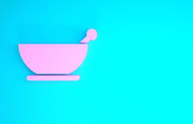 Pembe havan topu ve tokmak simgesi mavi arkaplanda izole edildi. Minimalizm kavramı. 3d illüstrasyon 3B canlandırma