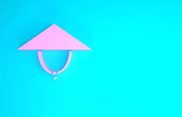 Ícone de chapéu cônico asiático rosa isolado no fundo azul. Chapéu de palha cônico chinês. Conceito de minimalismo. 3D ilustração 3D render — Fotografia de Stock
