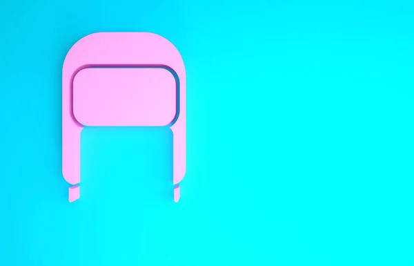 ピンクの冬の帽子、青い背景に耳フラップアイコンが隔離されています。最小限の概念。3Dイラスト3Dレンダリング — ストック写真