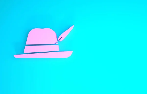 Icona del cappello rosa Oktoberfest isolata su sfondo blu. Cappello Hunter con piuma. Cappello tedesco. Concetto minimalista. Illustrazione 3d rendering 3D — Foto Stock