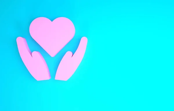핑크 하트의 손에 있는 아이콘은 파란색 배경에서 분리되었습니다. 사랑의 상징을 주는 손. 발렌틴 데이의 상징이지. 미니멀리즘의 개념입니다. 3d 삽화 3D 렌더링 — 스톡 사진