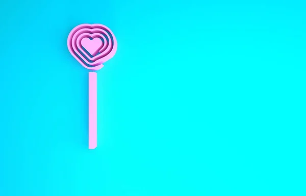 Rosa Lollipop ikon isolerad på blå bakgrund. Godisskylt. Mat, läcker symbol. Alla hjärtans dag. Kärlekssymbol. Minimalistiskt koncept. 3D-återgivning för 3D — Stockfoto