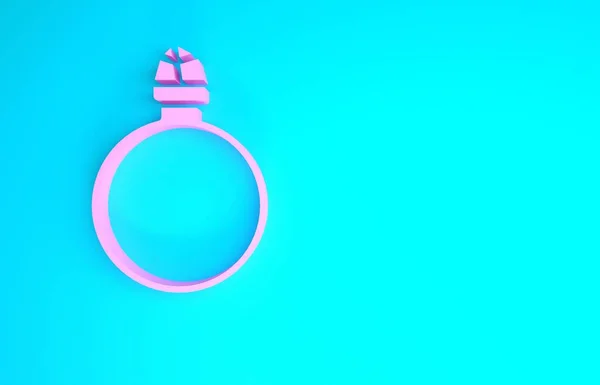 Піктограма обручки з рожевим діамантом ізольована на синьому фоні. Концепція мінімалізму. 3D ілюстрація 3D рендеринга — стокове фото