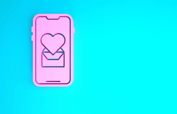 Cellulare rosa con icona del cuore isolato su sfondo blu. San Valentino. Concetto minimalista. Illustrazione 3d rendering 3D — Foto Stock