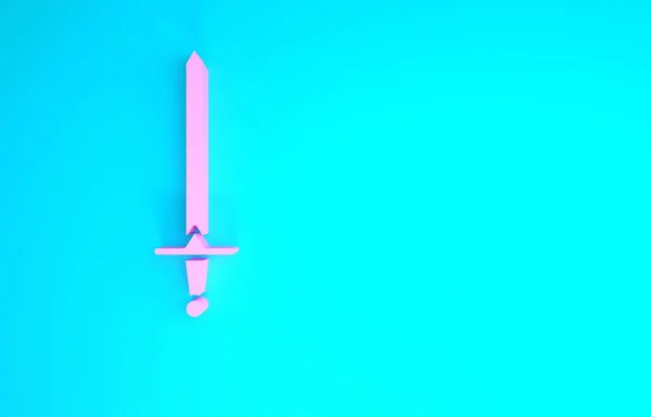 Icône épée médiévale rose isolé sur fond bleu. Une arme médiévale. Concept de minimalisme. Illustration 3D rendu 3D — Photo