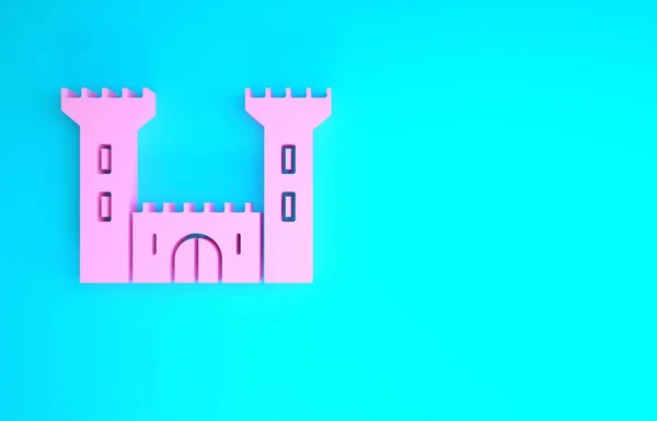 Ikona růžového hradu izolované na modrém pozadí. Značka pevnosti. Minimalismus. 3D ilustrace 3D vykreslení — Stock fotografie