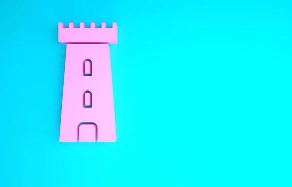 Das Symbol des rosafarbenen Burgturms isoliert auf blauem Hintergrund. Festungszeichen. Minimalismus-Konzept. 3D Illustration 3D Renderer — Stockfoto