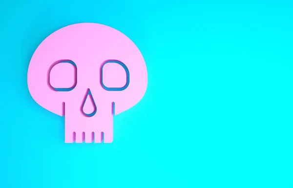 Ícone de crânio rosa isolado no fundo azul. Conceito de minimalismo. 3D ilustração 3D render — Fotografia de Stock